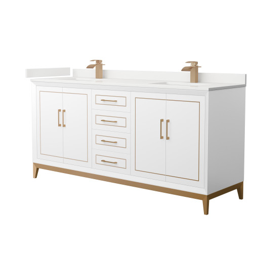 Wyndham Marlena 72 Inch Double Bathroom Vanity in White, White Quartz Countertop, Undermount Square Sinks (1-Hole), Satin Bronze Trim - WCH515172DWZWQUNSMXX