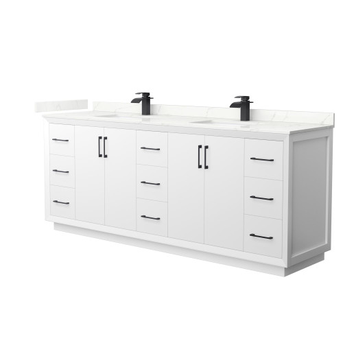 Wyndham Strada 84 Inch Double Bathroom Vanity in White, Giotto Quartz Countertop, Undermount Square Sink (1-Hole), Matte Black Trim - WCF414184DWBGTUNSMXX