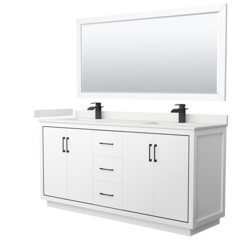 Wyndham Icon 72 Inch Double Bathroom Vanity in White, White Quartz Countertop, Undermount Square Sinks (1-Hole), Matte Black Trim, 70 Inch Mirror - WCF111172DWBWQUNSM70