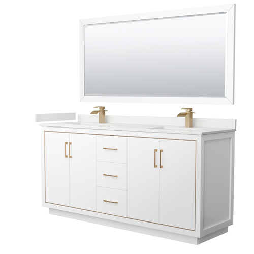 Wyndham Icon 72 Inch Double Bathroom Vanity in White, White Quartz Countertop, Undermount Square Sinks (1-Hole), Satin Bronze Trim, 70 Inch Mirror - WCF111172DWZWQUNSM70