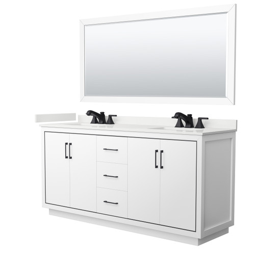 Wyndham Icon 72 Inch Double Bathroom Vanity in White, White Quartz Countertop, Undermount Square Sinks (3-Hole), Matte Black Trim, 70 Inch Mirror - WCF111172DWBWQUS3M70