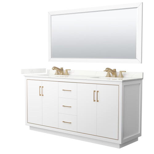 Wyndham Icon 72 Inch Double Bathroom Vanity in White, Giotto Quartz Countertop, Undermount Square Sinks (3-Hole), Satin Bronze Trim, 70 Inch Mirror - WCF111172DWZGTUS3M70