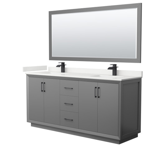 Wyndham Strada 72 Inch Double Bathroom Vanity in Dark Gray, White Quartz Countertop, Undermount Square Sink (1-Hole), Matte Black Trim, 70 Inch Mirror - WCF414172DGBWQUNSM70