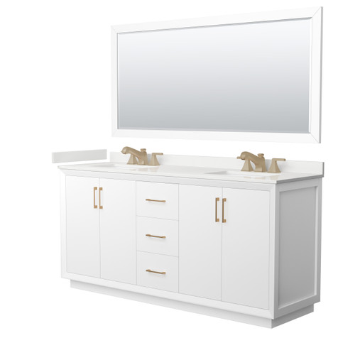 Wyndham Strada 72 Inch Double Bathroom Vanity in White, White Quartz Countertop, Undermount Square Sink (3-Hole), Satin Bronze Trim, 70 Inch Mirror - WCF414172DWZWQUS3M70