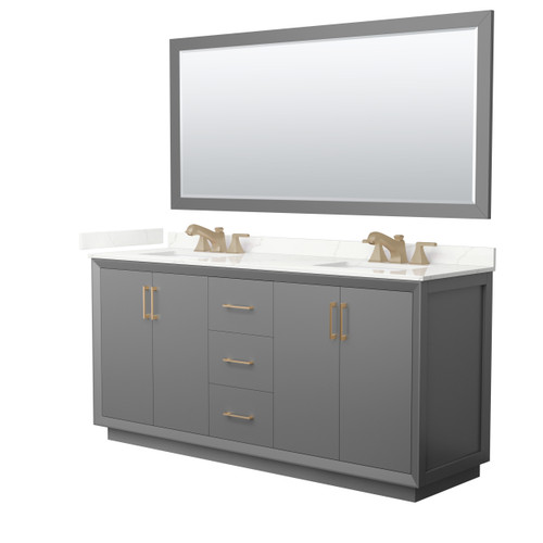 Wyndham Strada 72 Inch Double Bathroom Vanity in Dark Gray, Giotto Quartz Countertop, Undermount Square Sink (3-Hole), Satin Bronze Trim, 70 Inch Mirror - WCF414172DGZGTUS3M70