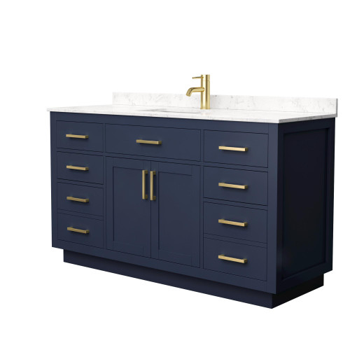 Wyndham Beckett 60 Inch Single Bathroom Vanity with Toe Kick in Dark Blue, Carrara Cultured Marble Countertop, Undermount Square Sink, Brushed Gold Trim - WCG262660SBLCCUNSMXX
