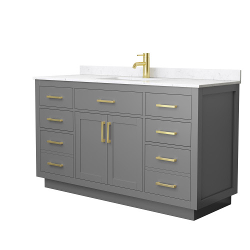 Wyndham Beckett 60 Inch Single Bathroom Vanity with Toe Kick in Dark Gray, Carrara Cultured Marble Countertop, Undermount Square Sink, Brushed Gold Trim - WCG262660SGGCCUNSMXX