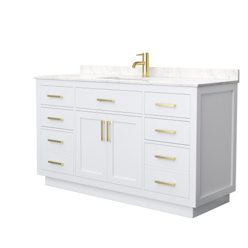 Wyndham Beckett 60 Inch Single Bathroom Vanity with Toe Kick in White, Carrara Cultured Marble Countertop, Undermount Square Sink, Brushed Gold Trim - WCG262660SWGCCUNSMXX