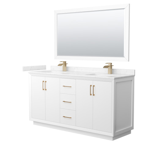 Wyndham Strada 66 Inch Double Bathroom Vanity in White, Carrara Cultured Marble Countertop, Undermount Square Sink, Satin Bronze Trim, 58 Inch Mirror - WCF414166DWZC2UNSM58