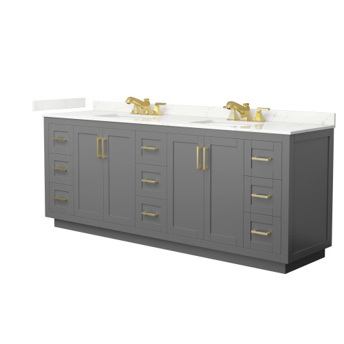 Wyndham Miranda 84 Inch Double Bathroom Vanity in Dark Gray, Giotto Quartz Countertop, Undermount Square Sinks (3-Hole), Brushed Gold Trim - WCF292984DGGGTUS3MXX Wyndham Miranda 84 Inch Double Bathroom Vanity in Dark Gray, Giotto Quartz Countertop, Undermount Square Sinks (3-Hole), Brushed Gold Trim - WCF292984DGGGTUS3MXX