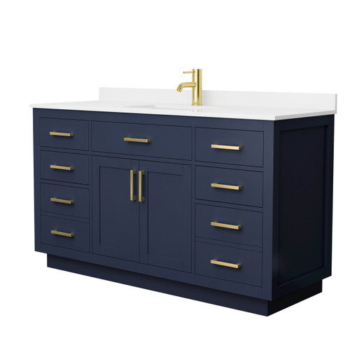 Wyndham Beckett 60 Inch Single Bathroom Vanity with Toe Kick in Dark Blue, White Quartz Countertop, Undermount Square Sink (1-Hole), Brushed Gold Trim - WCG262660SBLWQUNSMXX
