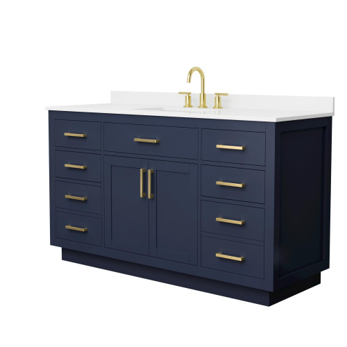 Wyndham Beckett 60 Inch Single Bathroom Vanity with Toe Kick in Dark Blue, White Quartz Countertop, Undermount Square Sink (3-Hole), Brushed Gold Trim - WCG262660SBLWQUS3MXX
