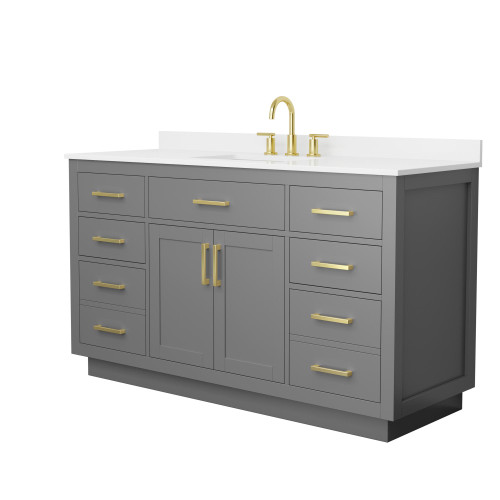Wyndham Beckett 60 Inch Single Bathroom Vanity with Toe Kick in Dark Gray, White Quartz Countertop, Undermount Square Sink (3-Hole), Brushed Gold Trim - WCG262660SGGWQUS3MXX