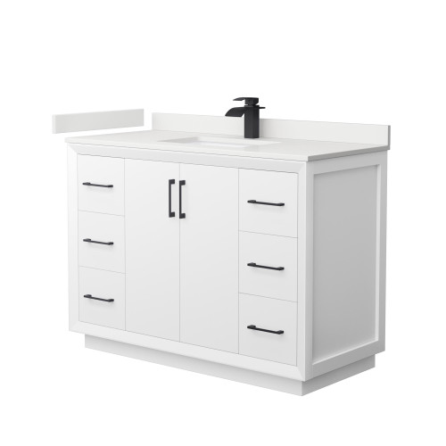 Wyndham Strada 48 Inch Single Bathroom Vanity in White, White Quartz Countertop, Undermount Square Sink (1-Hole), Matte Black Trim - WCF414148SWBWQUNSMXX
