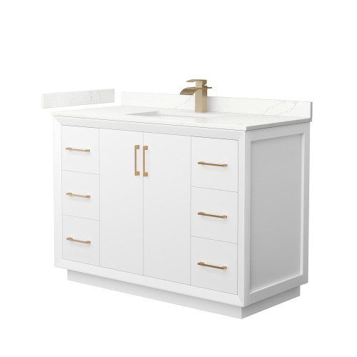 Wyndham Strada 48 Inch Single Bathroom Vanity in White, Giotto Quartz Countertop, Undermount Square Sink (1-Hole), Satin Bronze Trim - WCF414148SWZGTUNSMXX