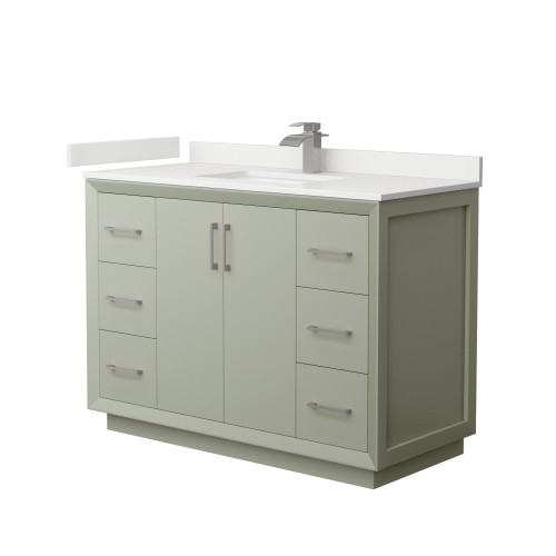 Wyndham Strada 48 Inch Single Bathroom Vanity in Light Green, White Quartz Countertop, Undermount Square Sink (1-Hole), Brushed Nickel Trim - WCF414148SLGWQUNSMXX