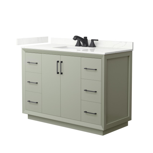 Wyndham Strada 48 Inch Single Bathroom Vanity in Light Green, Giotto Quartz Countertop, Undermount Square Sink (3-Hole), Matte Black Trim - WCF414148SLBGTUS3MXX