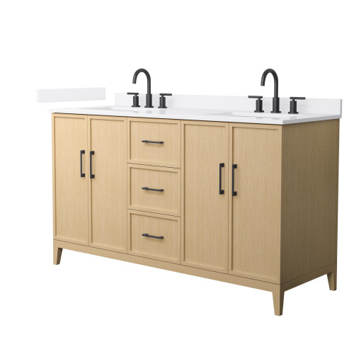 Wyndham Elan 60 Inch Double Bathroom Vanity in White Oak, White Quartz Countertop, Undermount Square Sinks (3-Hole), Matte Black Trim - WCH717160DHBWQUS3MXX