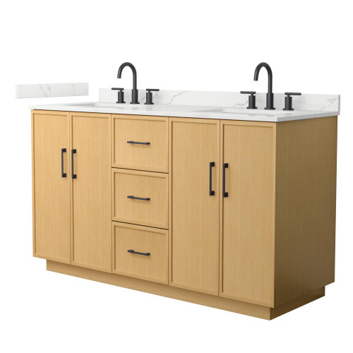 Wyndham Elan 60 Inch Double Bathroom Vanity with Toe Kick in Light Oak, Giotto Quartz Countertop, Undermount Square Sinks (3-Hole), Matte Black Trim - WCH747460DIBGTUS3MXX