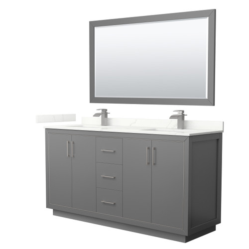 Wyndham Icon 66 Inch Double Bathroom Vanity in Dark Gray, Giotto Quartz Countertop, Undermount Square Sinks (1-Hole), Brushed Nickel Trim, 58 Inch Mirror - WCF111166DKGGTUNSM58