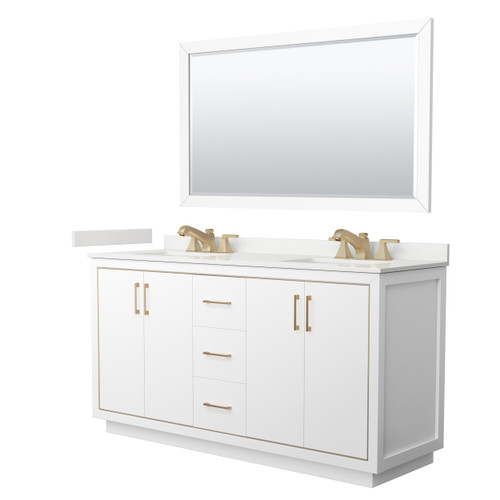 Wyndham Icon 66 Inch Double Bathroom Vanity in White, White Quartz Countertop, Undermount Square Sinks (3-Hole), Satin Bronze Trim, 58 Inch Mirror - WCF111166DWZWQUS3M58