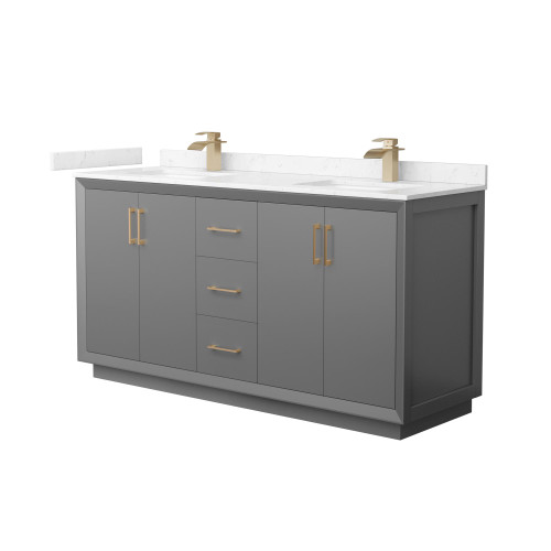 Wyndham Strada 66 Inch Double Bathroom Vanity in Dark Gray, Carrara Cultured Marble Countertop, Undermount Square Sink, Satin Bronze Trim - WCF414166DGZC2UNSMXX