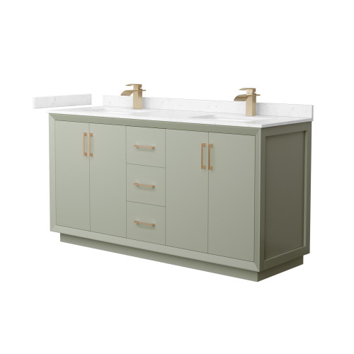 Wyndham Strada 66 Inch Double Bathroom Vanity in Light Green, Carrara Cultured Marble Countertop, Undermount Square Sinks, Satin Bronze Trim - WCF414166DLZC2UNSMXX
