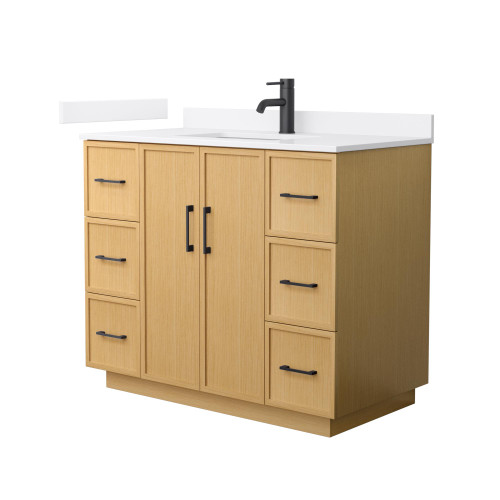 Wyndham Elan 42 Inch Single Bathroom Vanity with Toe Kick in Light Oak, White Quartz Countertop, Undermount Square Sink (1-Hole), Matte Black Trim - WCH747442SIBWQUNSMXX