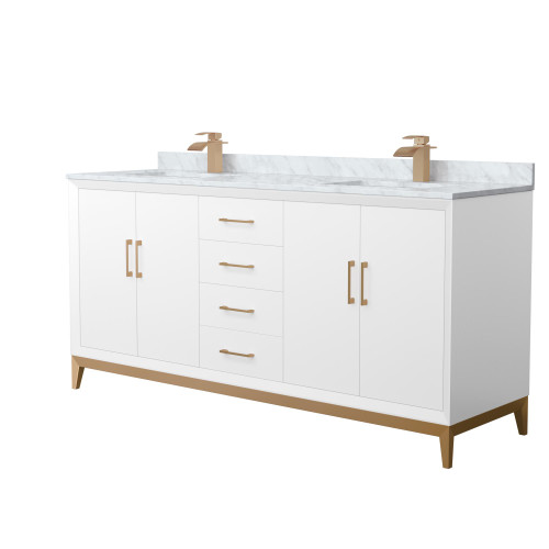Wyndham Amici 72 Inch Double Bathroom Vanity in White, White Carrara Marble Countertop, Undermount Square Sinks, Satin Bronze Trim - WCH818172DWZCMUNSMXX