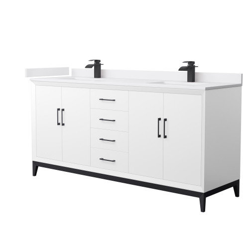 Wyndham Amici 72 Inch Double Bathroom Vanity in White, White Cultured Marble Countertop, Undermount Square Sinks, Matte Black Trim - WCH818172DWBWCUNSMXX