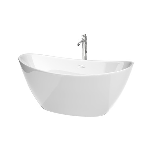 Wyndham Dorrit 60 Inch Freestanding Bathtub in White with Shiny White Trim and Floor Mounted Faucet in Polished Chrome - WCBTE652060SWATPPC
