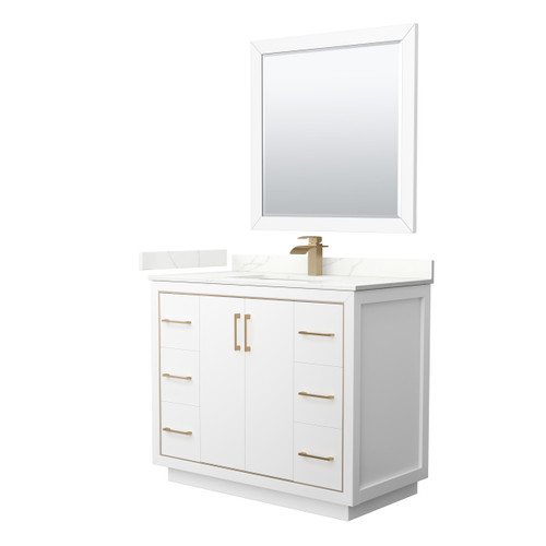 Wyndham Icon 42 Inch Single Bathroom Vanity in White, Giotto Quartz Countertop, Undermount Square Sink (1-Hole), Satin Bronze Trim, 34 Inch Mirror - WCF111142SWZGTUNSM34