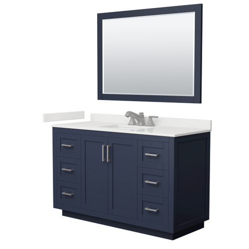 Wyndham Miranda 54 Inch Single Bathroom Vanity in Dark Blue, White Quartz Countertop, Undermount Square Sink (3-Hole), Brushed Nickel Trim, 46 Inch Mirror - WCF292954SBNWQUS3M46