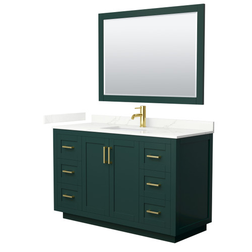 Wyndham Miranda 54 Inch Single Bathroom Vanity in Green, Giotto Quartz Countertop, Undermount Square Sink (1-Hole), Brushed Gold Trim, 46 Inch Mirror - WCF292954SGDGTUNSM46