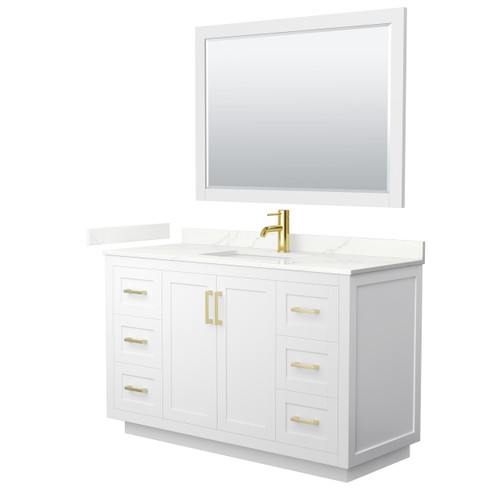 Wyndham Miranda 54 Inch Single Bathroom Vanity in White, Giotto Quartz Countertop, Undermount Square Sink (1-Hole), Brushed Gold Trim, 46 Inch Mirror - WCF292954SWGGTUNSM46 Wyndham Miranda 54 Inch Single Bathroom Vanity in White, Giotto Quartz Countertop, Undermount Square Sink (1-Hole), Brushed Gold Trim, 46 Inch Mirror - WCF292954SWGGTUNSM46