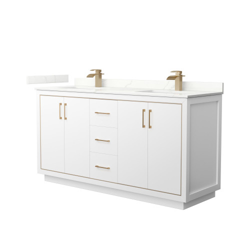 Wyndham Icon 66 Inch Double Bathroom Vanity in White, Giotto Quartz Countertop, Undermount Square Sinks (1-Hole), Satin Bronze Trim - WCF111166DWZGTUNSMXX