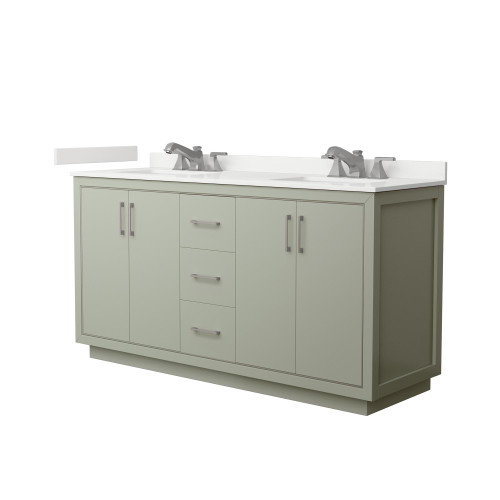 Wyndham Icon 66 Inch Double Bathroom Vanity in Light Green, White Quartz Countertop, Undermount Square Sinks (3-Hole), Brushed Nickel Trim - WCF111166DLGWQUS3MXX