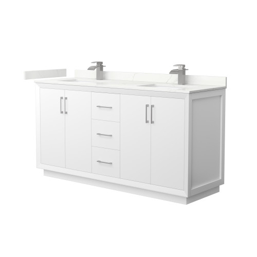 Wyndham Strada 66 Inch Double Bathroom Vanity in White, Giotto Quartz Countertop, Undermount Square Sink (1-Hole), Brushed Nickel Trim - WCF414166DWHGTUNSMXX