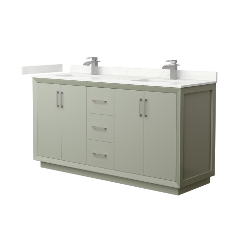 Wyndham Strada 66 Inch Double Bathroom Vanity in Light Green, Giotto Quartz Countertop, Undermount Square Sinks (1-Hole), Brushed Nickel Trim - WCF414166DLGGTUNSMXX