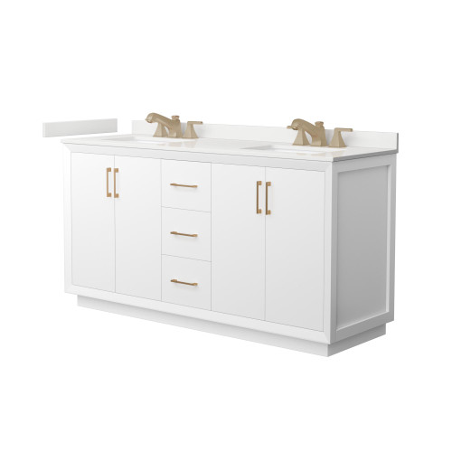 Wyndham Strada 66 Inch Double Bathroom Vanity in White, White Quartz Countertop, Undermount Square Sink (3-Hole), Satin Bronze Trim - WCF414166DWZWQUS3MXX