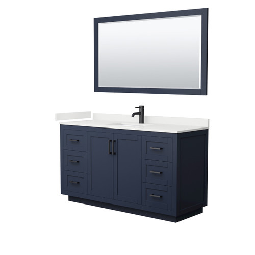 Wyndham Miranda 60 Inch Single Bathroom Vanity in Dark Blue, White Quartz Countertop, Undermount Square Sink (1-Hole), Matte Black Trim, 58 Inch Mirror - WCF292960SBBWQUNSM58