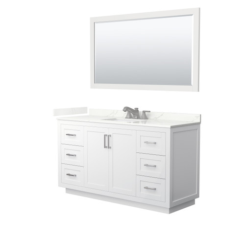 Wyndham Miranda 60 Inch Single Bathroom Vanity in White, Giotto Quartz Countertop, Undermount Square Sink (3-Hole), Brushed Nickel Trim, 58 Inch Mirror - WCF292960SWHGTUS3M58