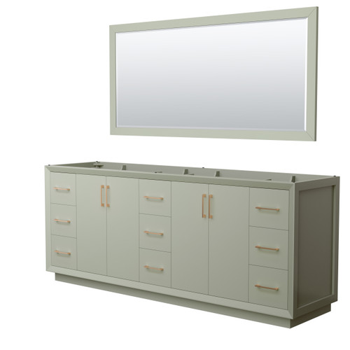 Wyndham Strada 84 Inch Double Bathroom Vanity in Light Green, No Countertop, No Sink, Satin Bronze Trim, 70 Inch Mirror - WCF414184DLZCXSXXM70