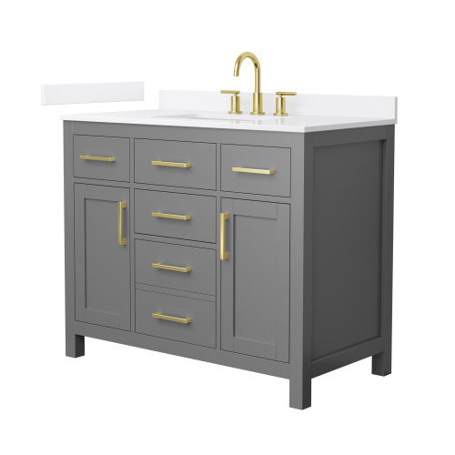 Wyndham Beckett 42 Inch Single Bathroom Vanity in Dark Gray, White Quartz Countertop, Undermount Square Sink (3-Hole), Brushed Gold Trim - WCG242442SGGWQUS3MXX Wyndham Beckett 42 Inch Single Bathroom Vanity in Dark Gray, White Quartz Countertop, Undermount Square Sink (3-Hole), Brushed Gold Trim - WCG242442SGGWQUS3MXX