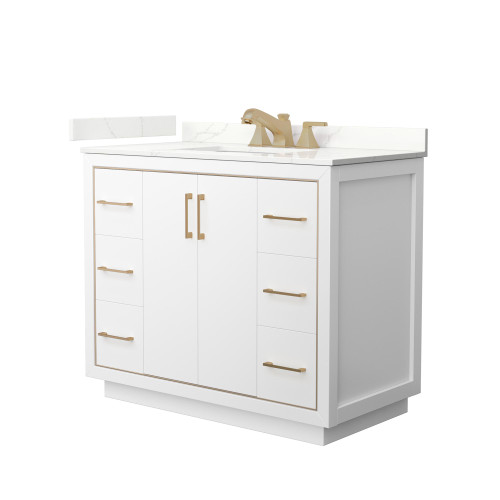Wyndham Icon 42 Inch Single Bathroom Vanity in White, Giotto Quartz Countertop, Undermount Square Sink (3-Hole), Satin Bronze Trim - WCF111142SWZGTUS3MXX