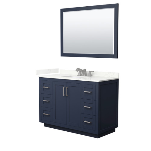 Wyndham Miranda 48 Inch Single Bathroom Vanity in Dark Blue, Giotto Quartz Countertop, Undermount Square Sink (3-Hole), Brushed Nickel Trim, 46 Inch Mirror - WCF292948SBNGTUS3M46 Wyndham Miranda 48 Inch Single Bathroom Vanity in Dark Blue, Giotto Quartz Countertop, Undermount Square Sink (3-Hole), Brushed Nickel Trim, 46 Inch Mirror - WCF292948SBNGTUS3M46