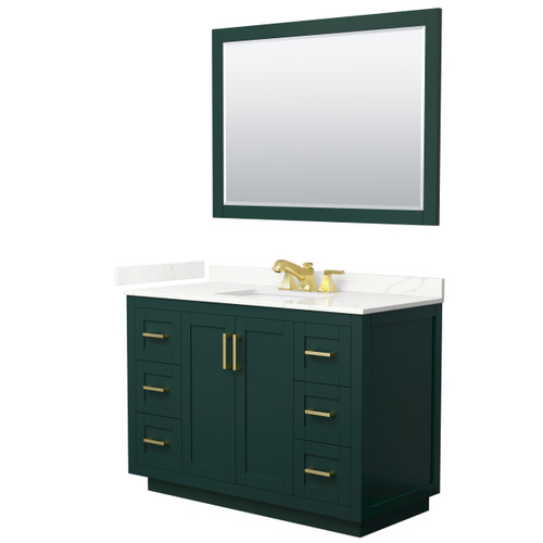 Wyndham Miranda 48 Inch Single Bathroom Vanity in Green, Giotto Quartz Countertop, Undermount Square Sink (3-Hole), Brushed Gold Trim, 46 Inch Mirror - WCF292948SGDGTUS3M46 Wyndham Miranda 48 Inch Single Bathroom Vanity in Green, Giotto Quartz Countertop, Undermount Square Sink (3-Hole), Brushed Gold Trim, 46 Inch Mirror - WCF292948SGDGTUS3M46