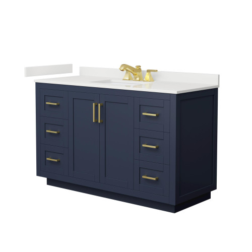 Wyndham Miranda 54 Inch Single Bathroom Vanity in Dark Blue, White Quartz Countertop, Undermount Square Sink (3-Hole), Brushed Gold Trim - WCF292954SBLWQUS3MXX