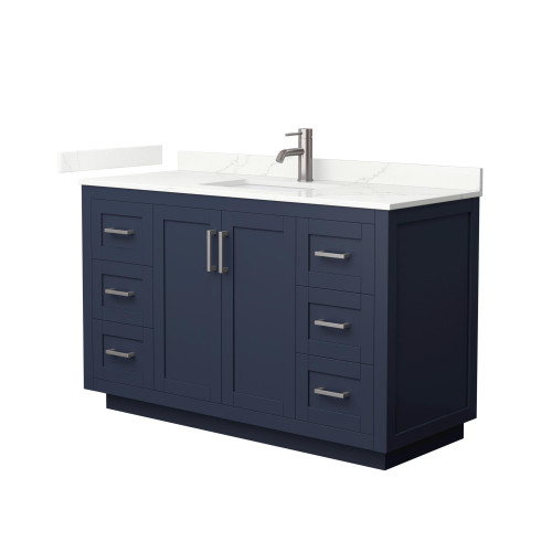 Wyndham Miranda 54 Inch Single Bathroom Vanity in Dark Blue, Giotto Quartz Countertop, Undermount Square Sink (1-Hole), Brushed Nickel Trim - WCF292954SBNGTUNSMXX