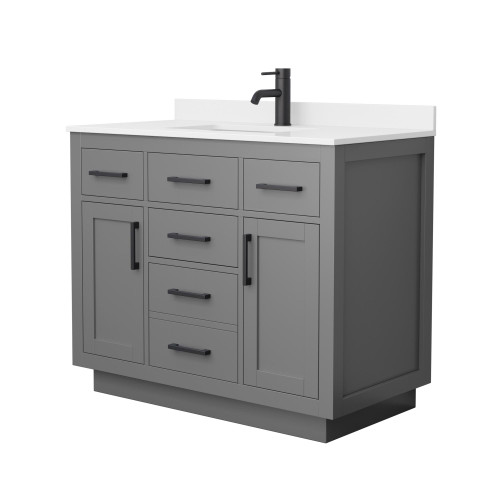 Wyndham Beckett 42 Inch Single Bathroom Vanity with Toe Kick in Dark Gray, White Quartz Countertop, Undermount Square Sink (1-Hole), Matte Black Trim - WCG262642SGBWQUNSMXX